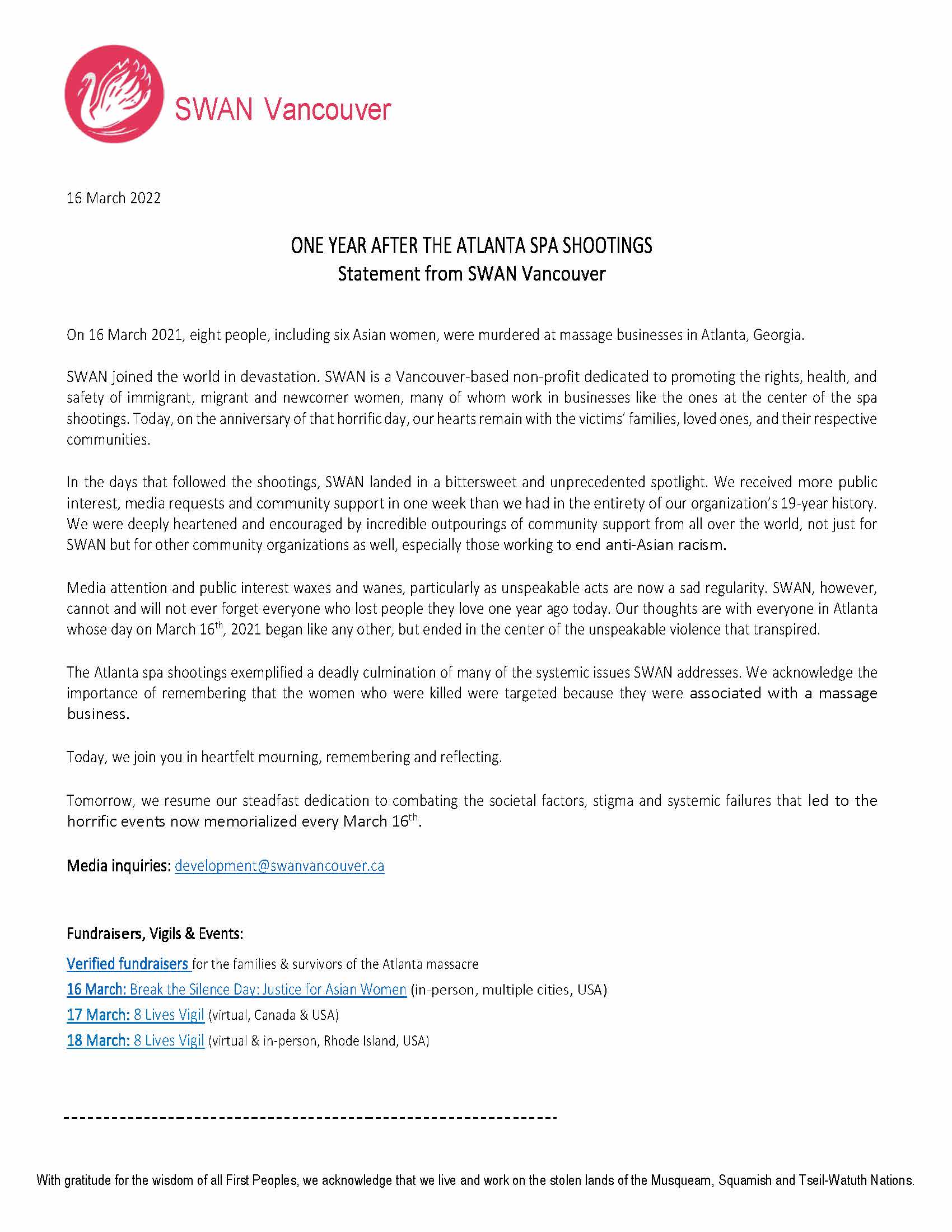 SWAN's statement on March 16, Atlanta shootings anniversary