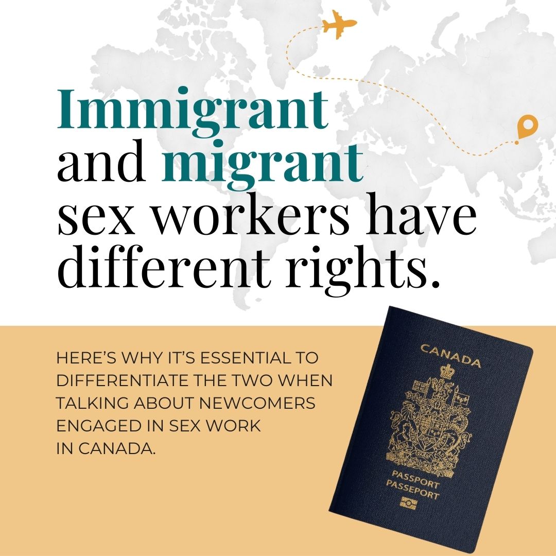 Globe outline against a white background, with an airplane flight path graphic. Text reads: Immigrant and migrant sex workers have different rights. Here’s why it’s essential to differentiate the two when talking about newcomers engaged in sex work in Canada. Passport booklet in bottom right corner.