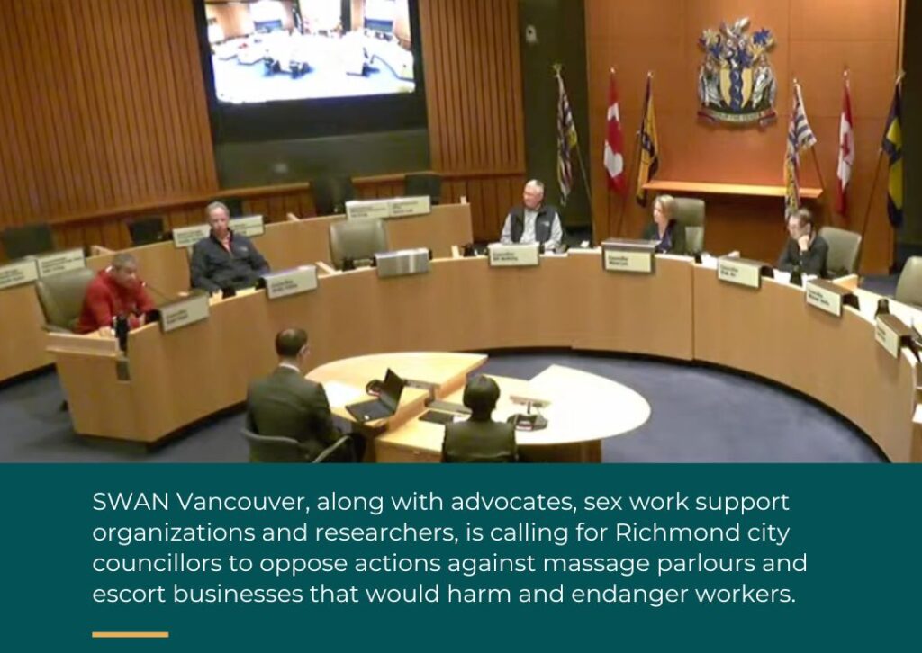 A Richmond City Council Committee sits down in council chambers for a meeting. Teal background below with white text that reads: SWAN Vancouver, along with advocates, sex work support organizations and researchers, is calling for Richmond city councillors to oppose actions against massage parlours and escort businesses that would harm and endanger workers.