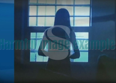 A woman stands in a dark room, facing a the light in a window. White SWAN logo with text reads: example harmful image.