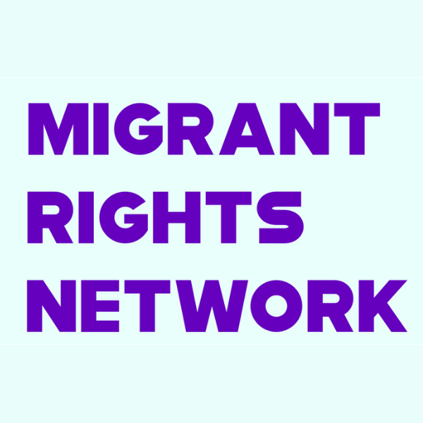 Light blue background, purple block text reads: Migrant Rights Network