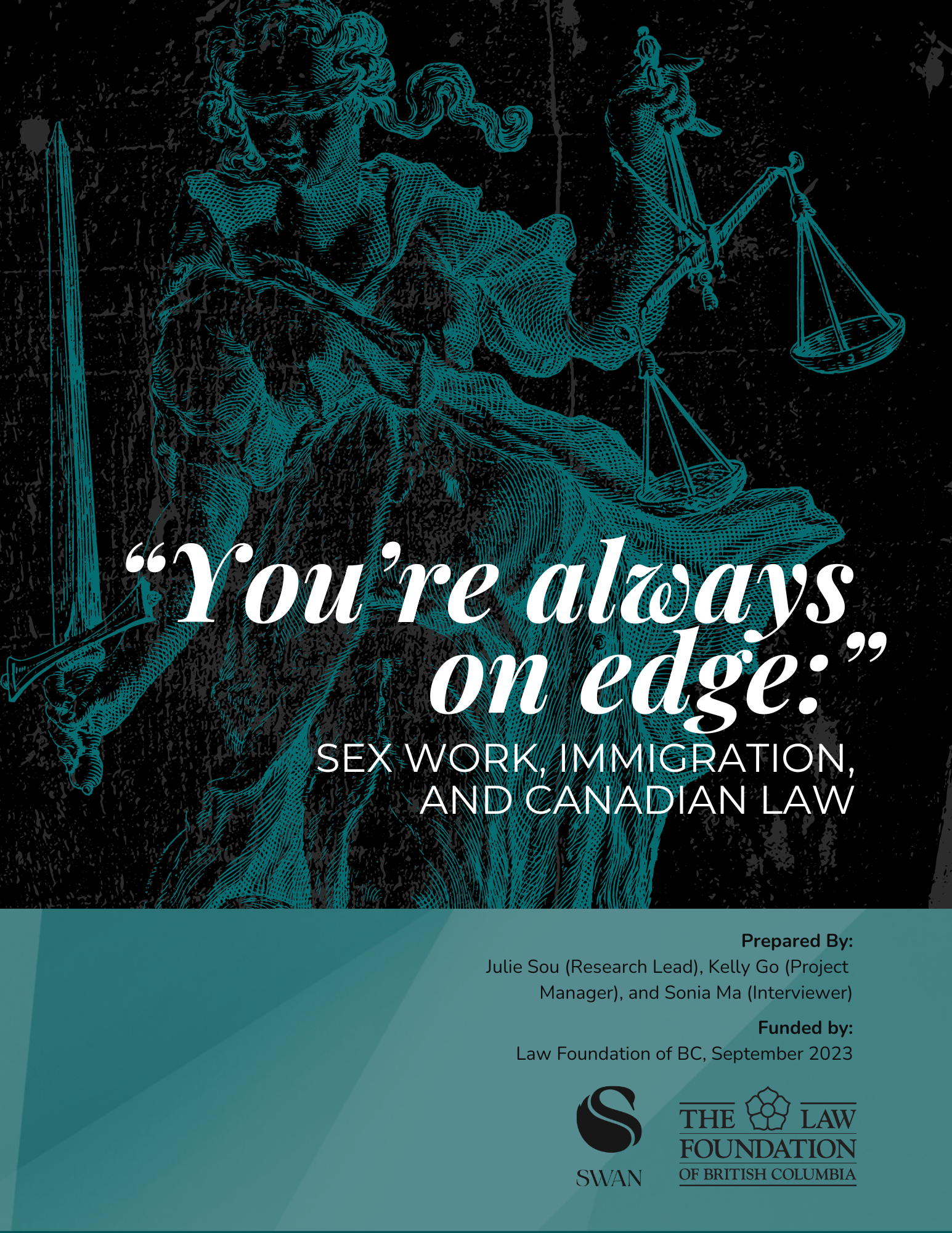 Graphic image of a teal-outlined sketch of Lady Justice, a symbolic figure in law who holds scales and a sword in her hands and is blindfolded. White title text reads: "You're always on edge:" Sex work, immigration and Canadian Law.