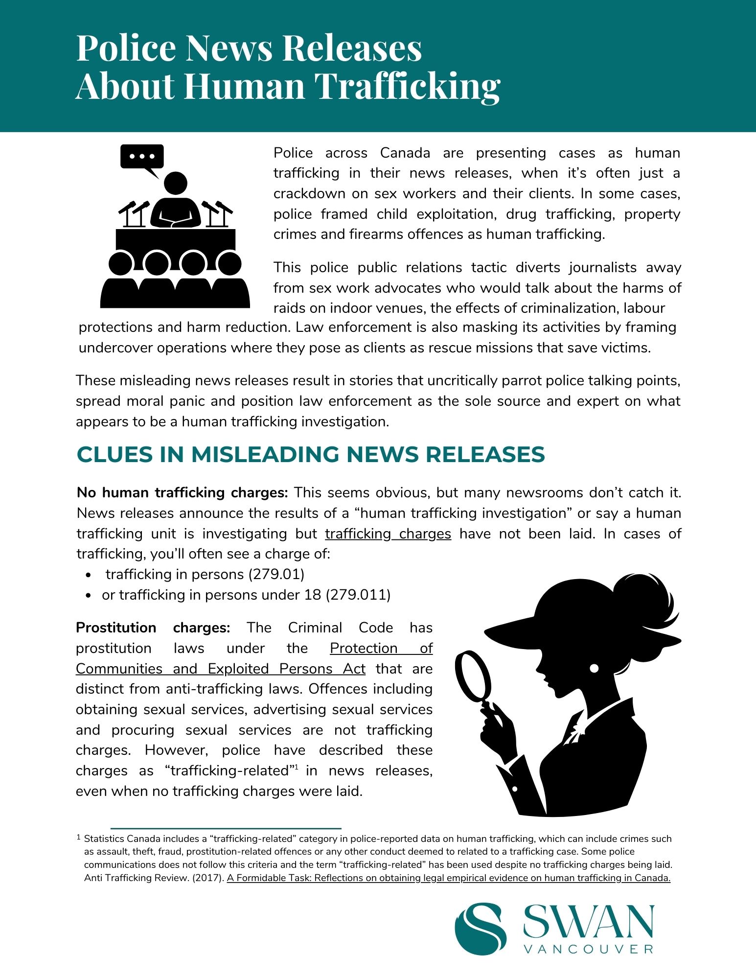 Front cover of "Police news releases about human trafficking" with a turquoise header, black text and two graphics - one of a news conference, another of a woman holding a magnifying glass.