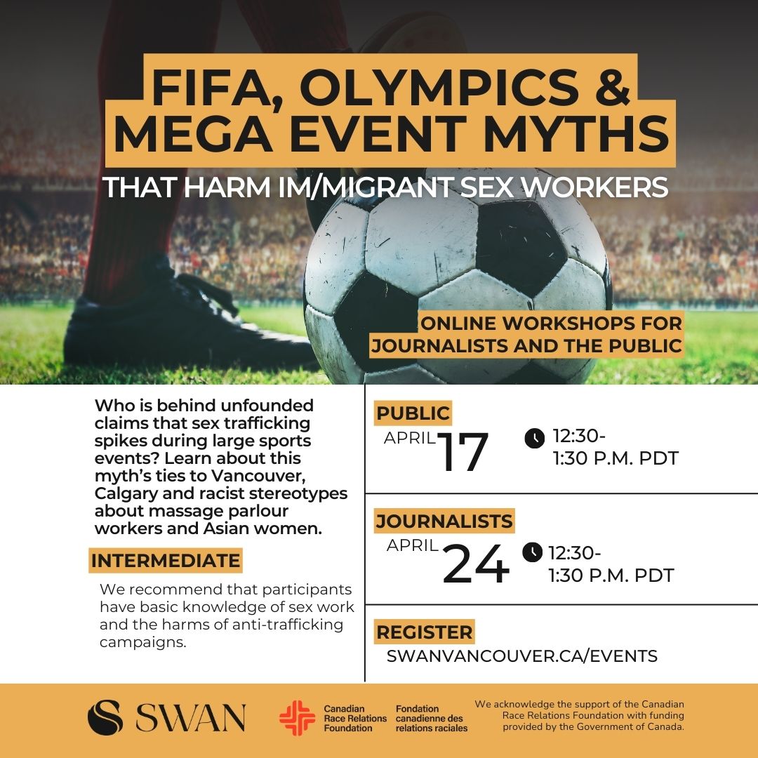 The ROAD TO FIFA 2026 Graphic image with orange background with light yellow comic-streaks. Top block text reads: Workshops, 12:30-1:30 p.m. online. Two comic book boxes with animations. First one shows a woman with a ponytail and dress being apprehended by two police officers with “trafficking rescue” on their vests. Second box shows a confused woman next to headlines, ads and posters about traffickers and their victims, a hand that says “anti-trafficking” is reaching out to take her money. Text boxes read: March 6, online. RAIDS, RESCUE & RACISM: How police PR shapes news about im/migrant sex workers. March 20, online. MYTHS AND MORAL PANIC: debunking trafficking claims and the impact on im/migrant sex workers. Bottom text box reads: Register: swanvancouver.ca/events. Black wavy swan graphic with text "SWAN", red graphic lines, with text Canadian Race Relations make up logos.