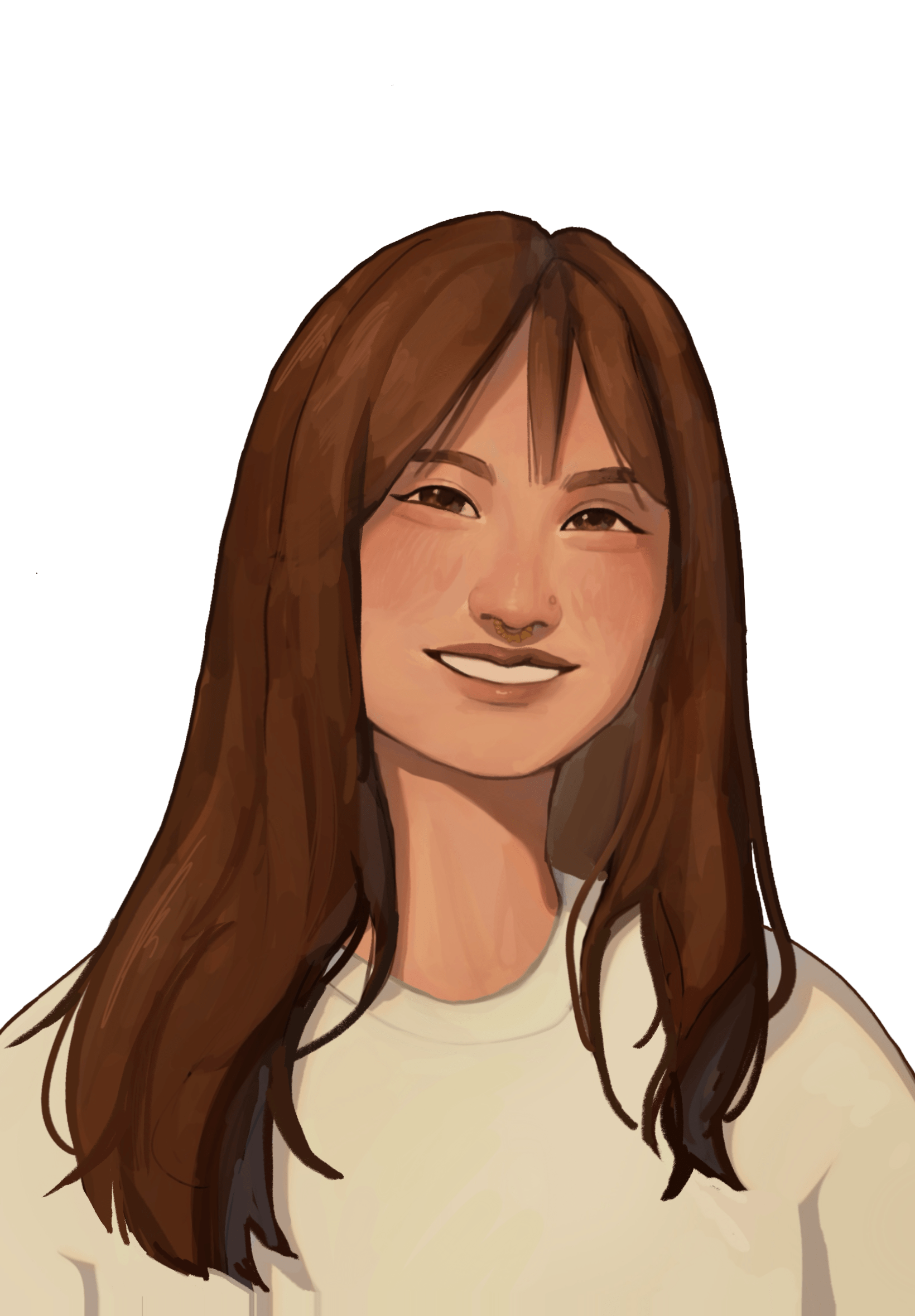 Kelly Go smiles while standing at SWAN Vancouver office. She has long brown hair with bangs and a black shirt. A window behind her shows downtown apartments in the distance. 